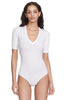 Bedford White Bodysuit V-Neck Ribbed Tee Jersey Front View