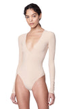 "Irving" Nude Deep V "Second Skin" Jersey Long Sleeve Bodysuit Side View